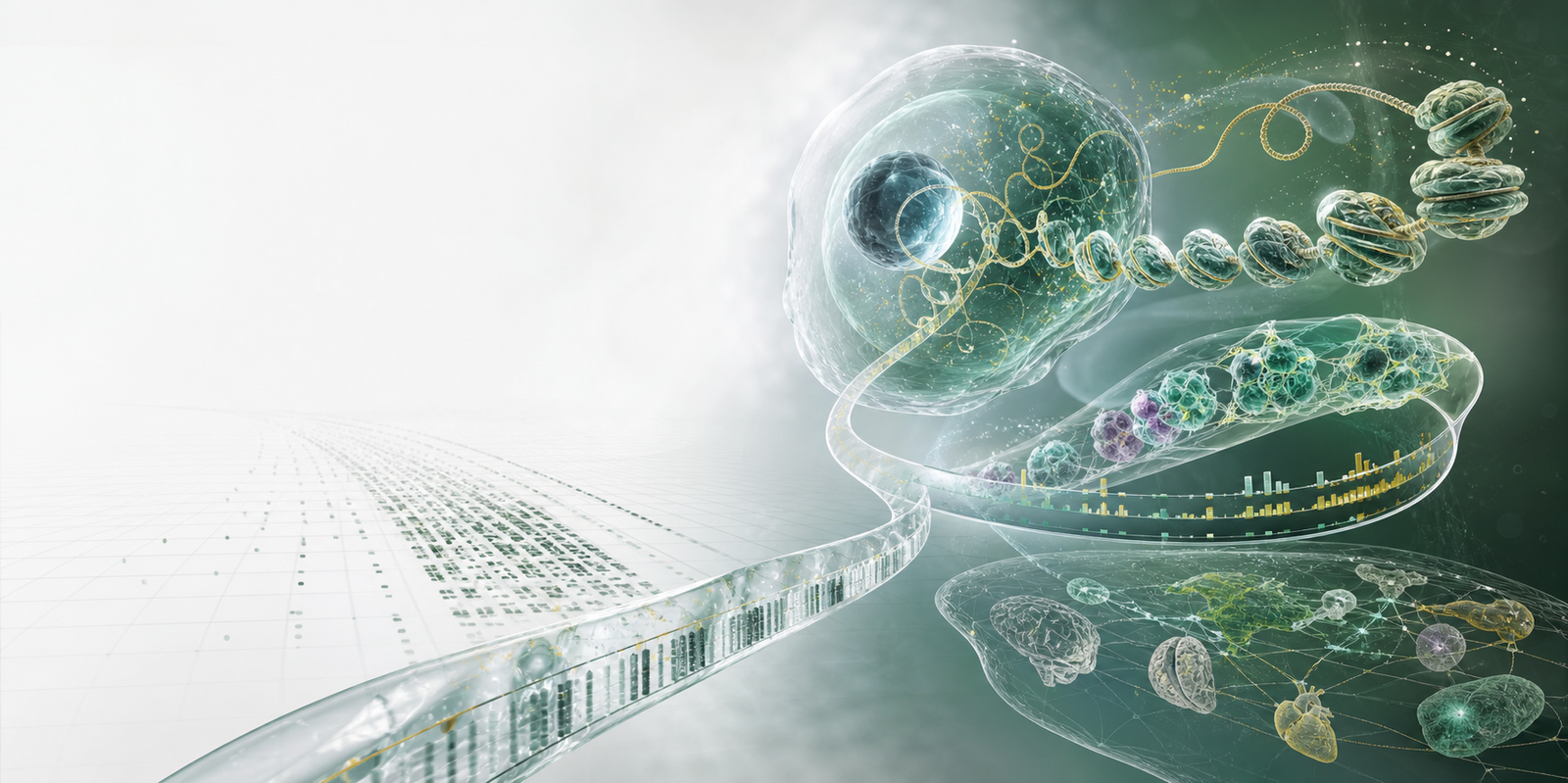 A scientific atlas scene connecting genotype observations with chromatin, cellular context, tissues, and annotation pathways.